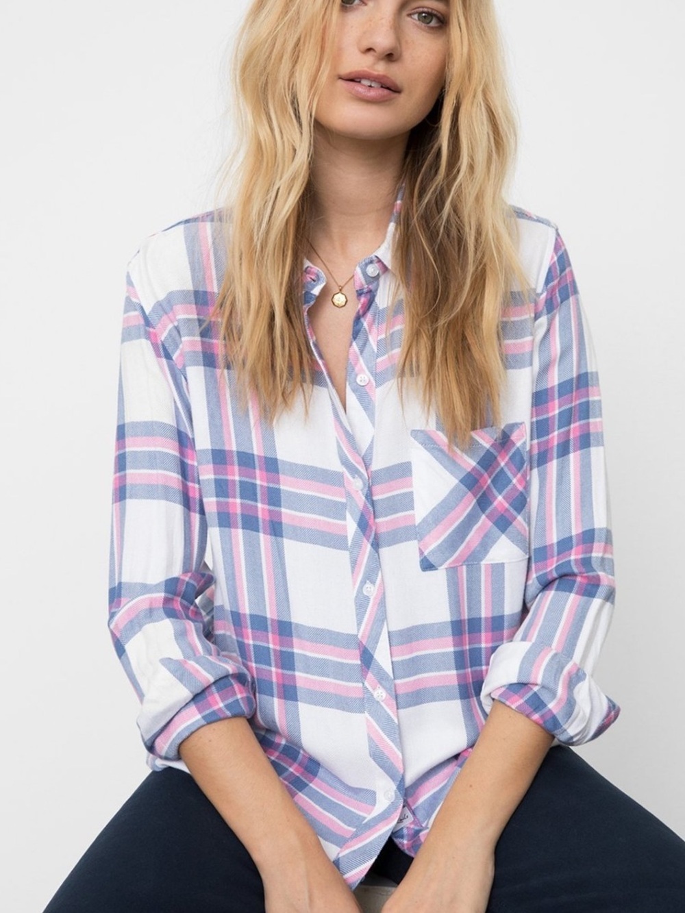RAILS Hunter Button Down Shirt - White Sky Pink Sz L